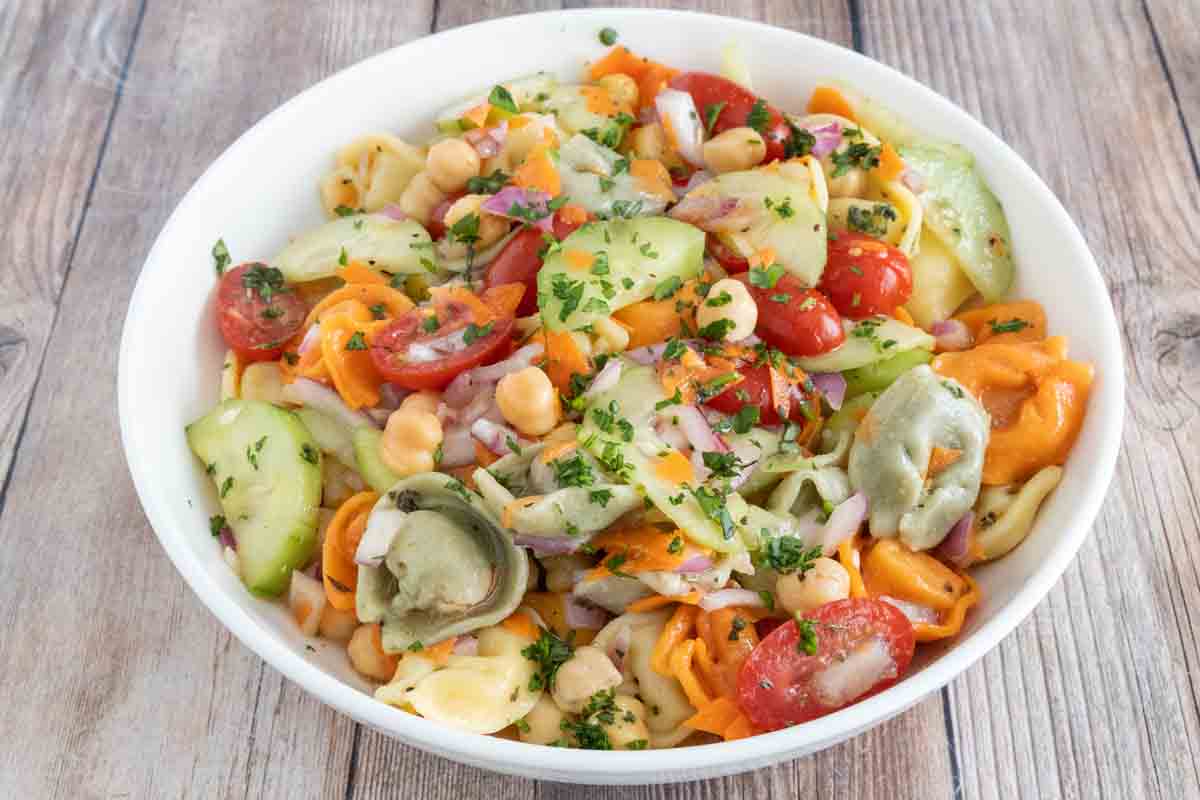 Tortellini Pasta Salad in a white bowl.