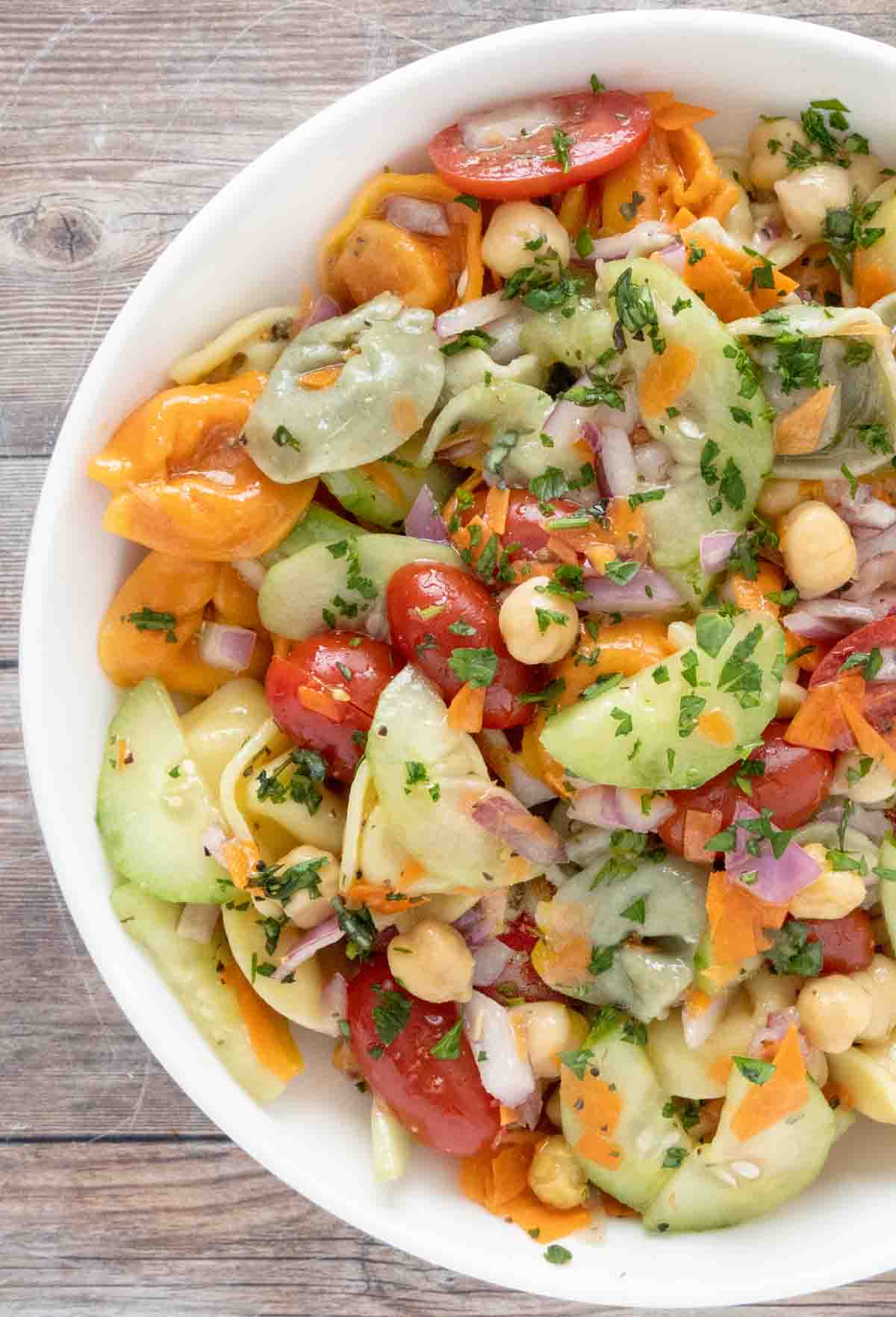 Tortellini Pasta Salad in a white bowl.