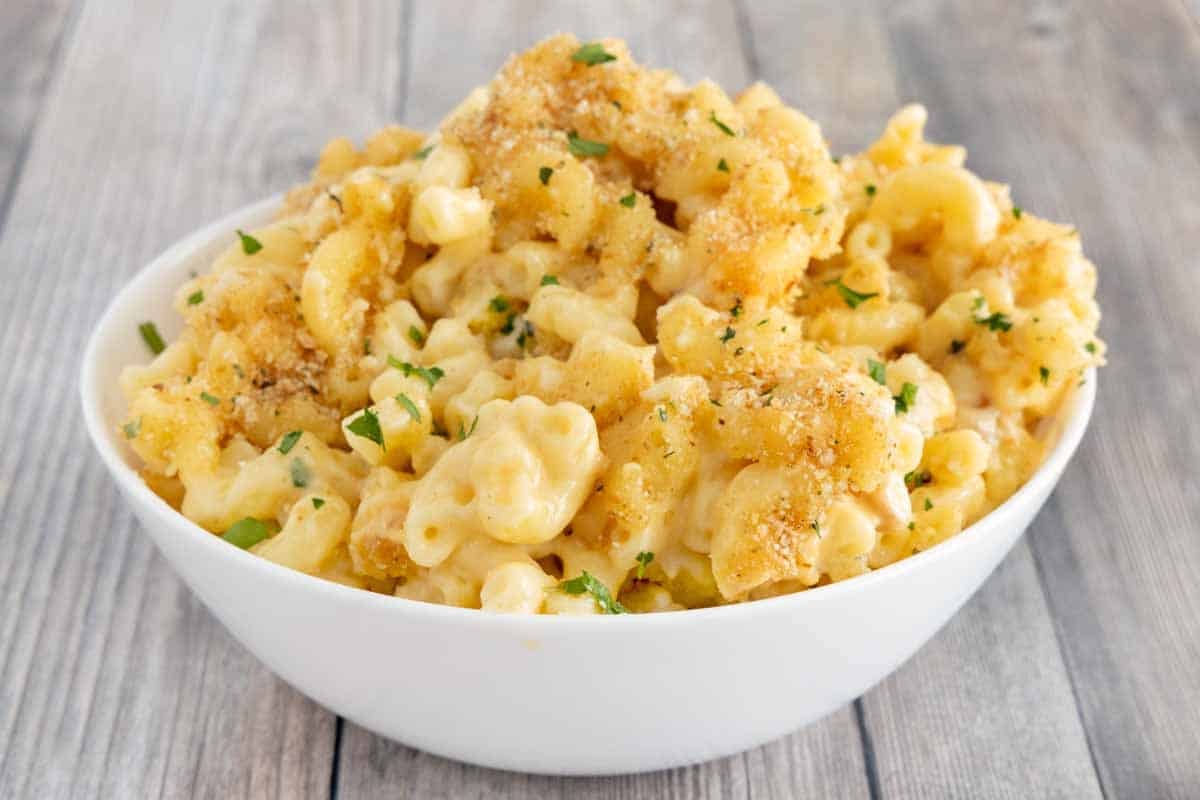 Smoked Macaroni and Cheese in a white bowl.