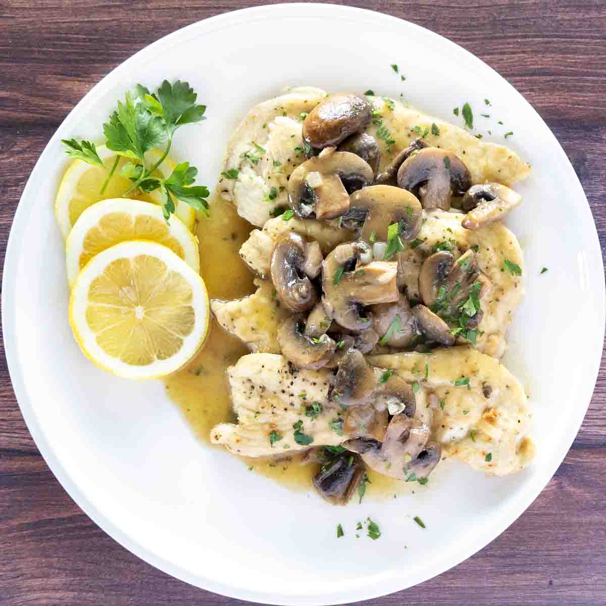Chicken scallopini with lemon circles on a white plate.