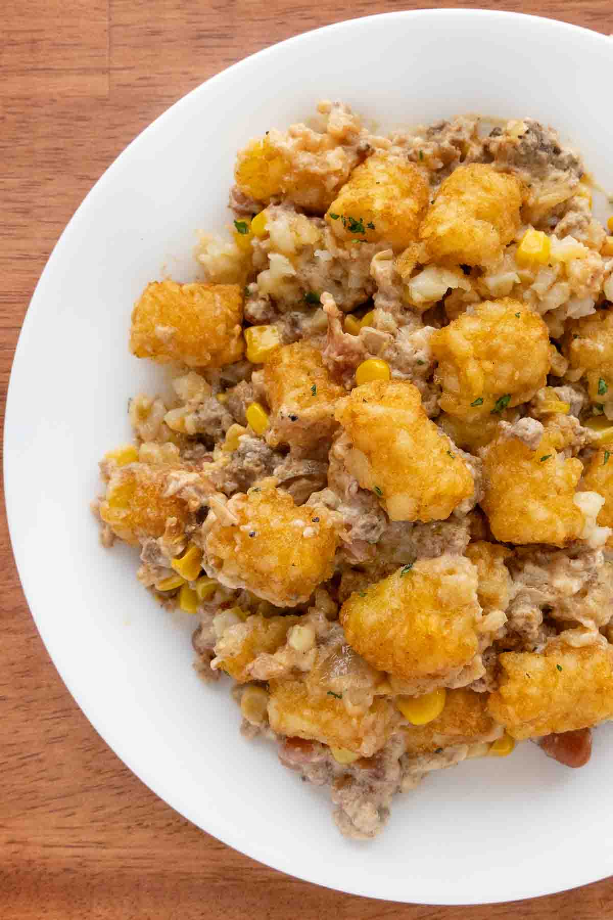 Cowboy casserole on a white plate.