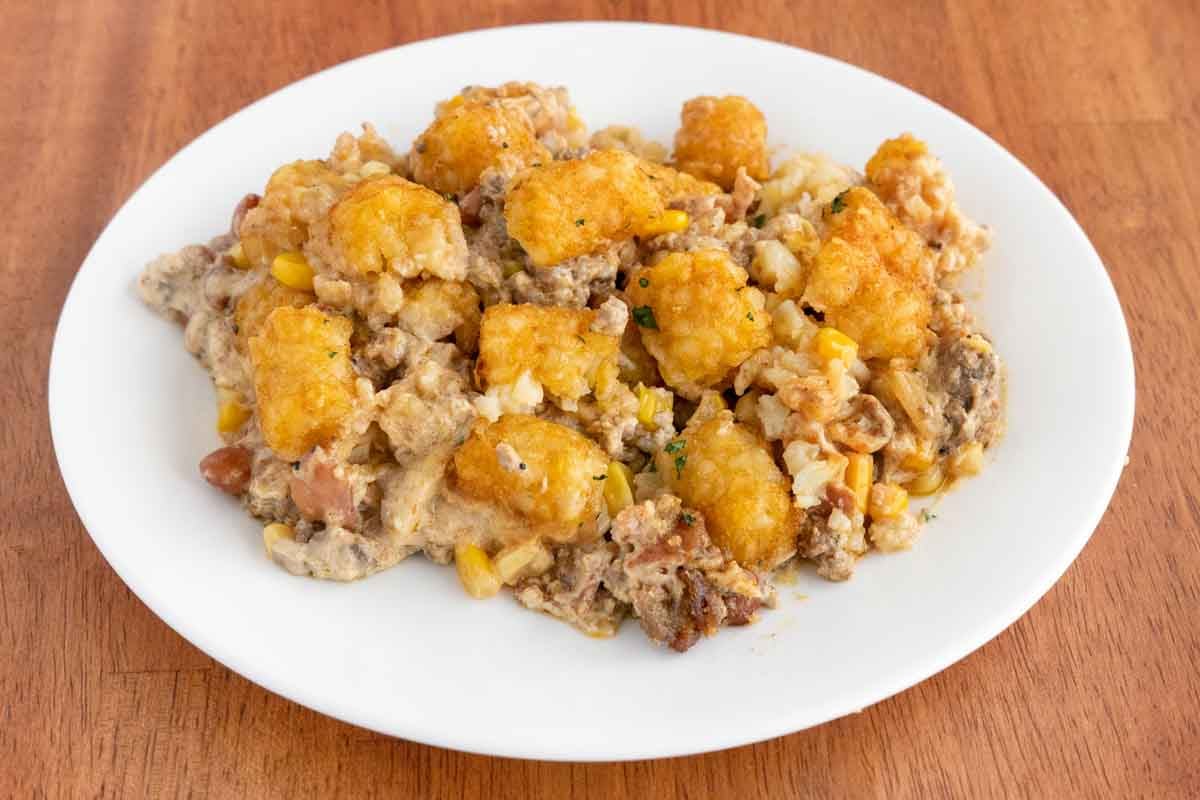 Cowboy casserole on a white plate.