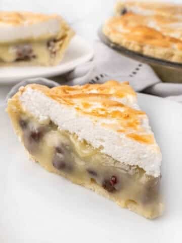 Slice of sour cream raisin pie on a white plate.