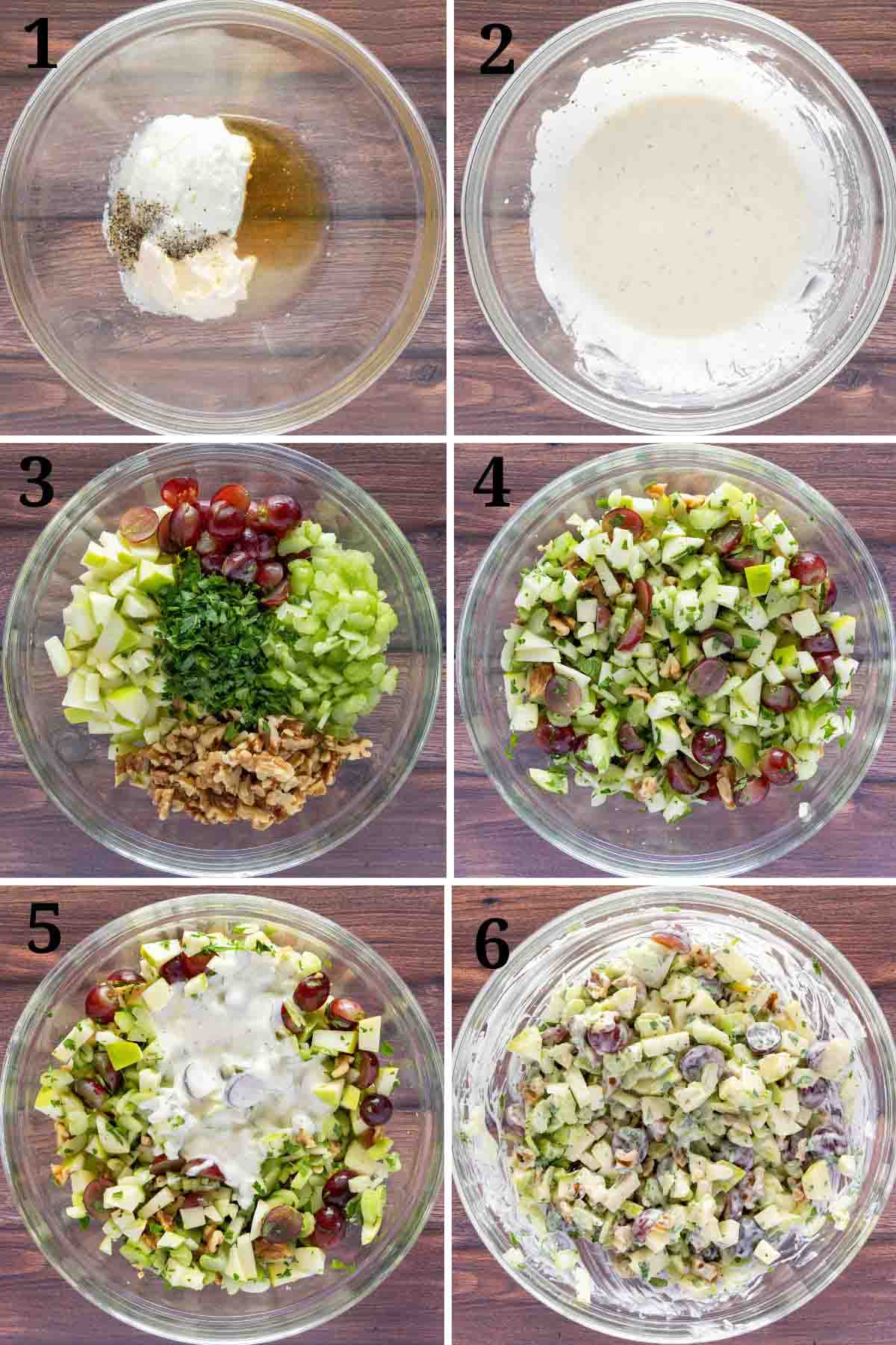 Collage showing how to make a Waldorf salad.