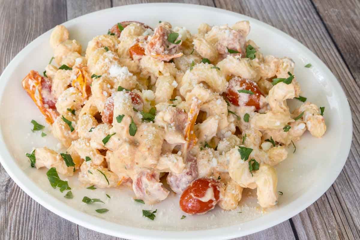 Boursin pasta on a white plate.