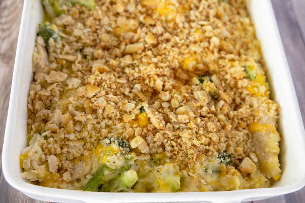 Chicken Broccoli Rice Casserole in baking dish.