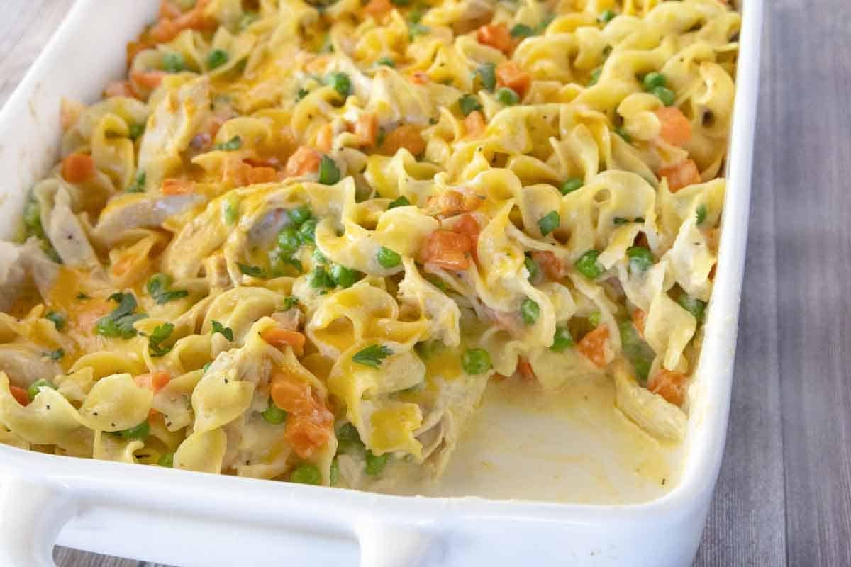 Chicken noodle casserole in the casserole dish.
