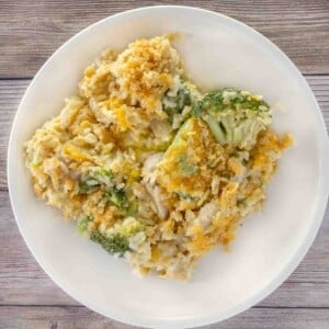 Chicken Broccoli Rice Casserole on a white plate.