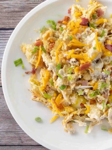 Crack chicken casserole on a white plate.