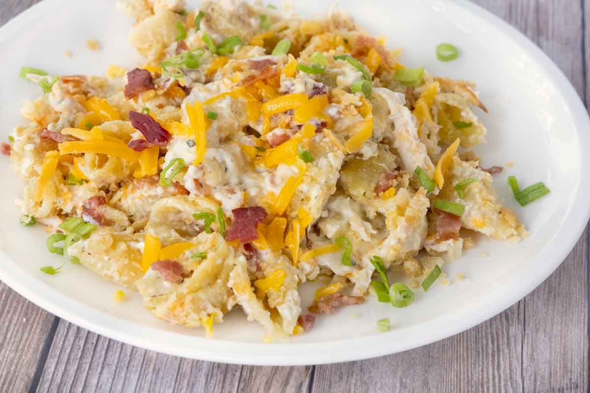 Crack chicken casserole on a white plate.
