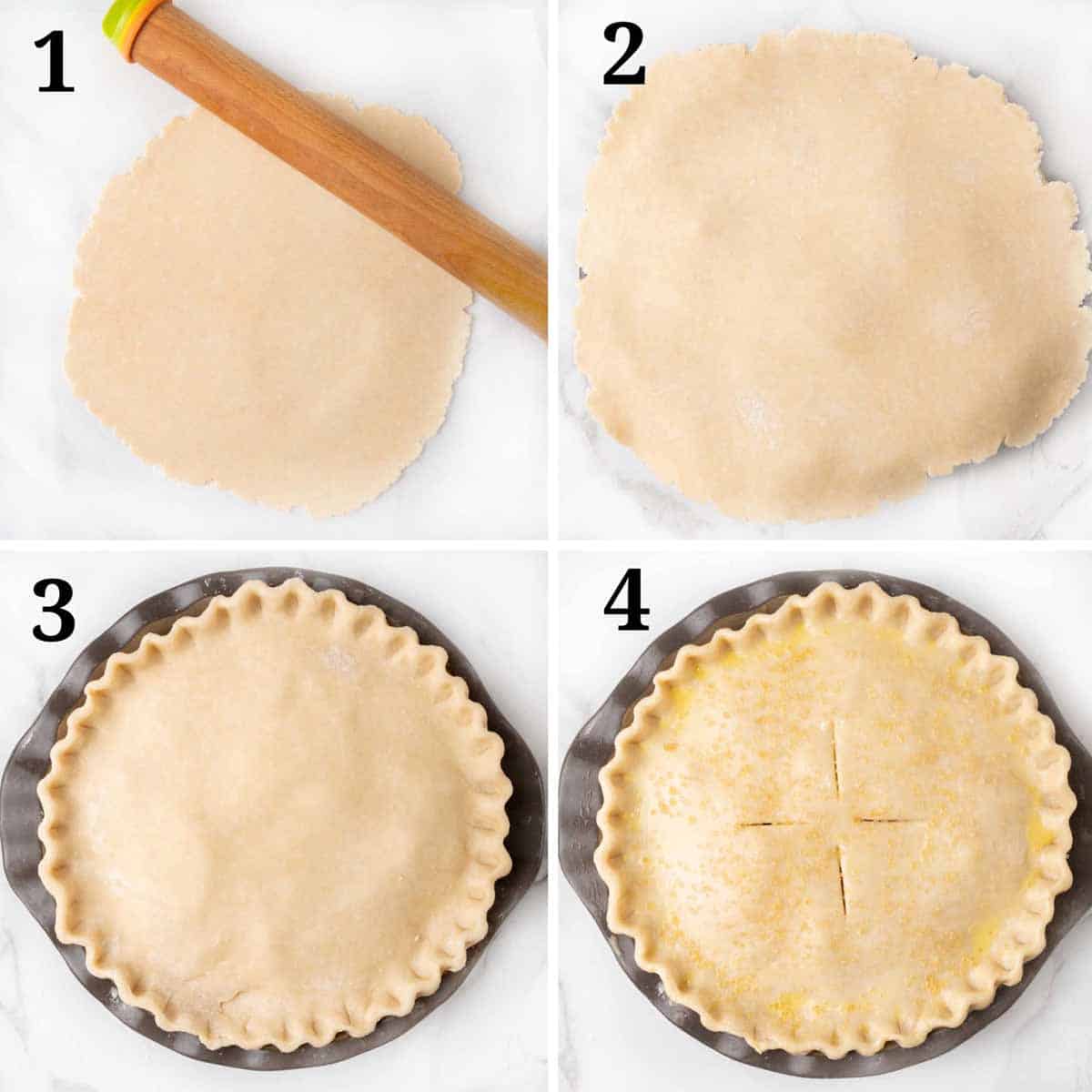 Collage showing how to add a top crust to a pie.