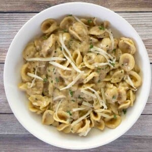 French Onion Pasta in a white bowl.