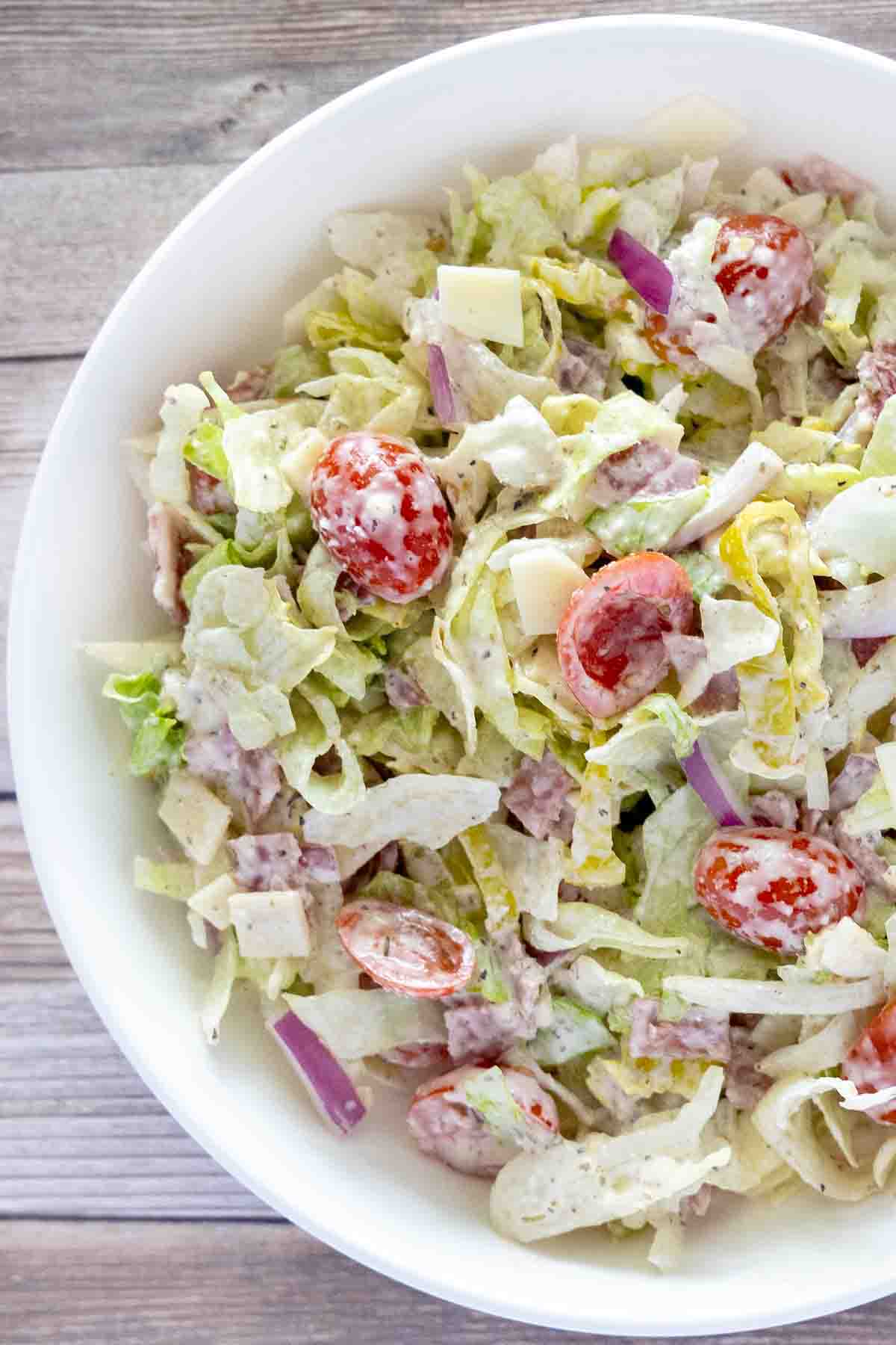 Grinder Salad in a white bowl.