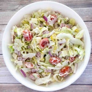 Grinder Salad in a white bowl.