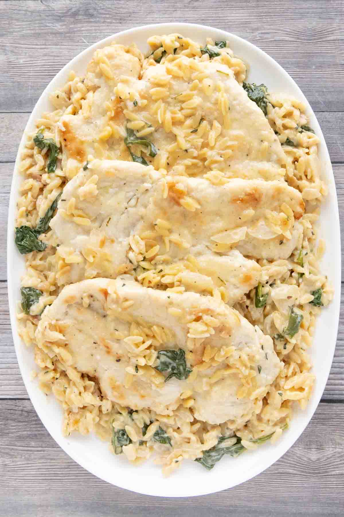 Lemon Chicken Orzo Pasta on a white platter.