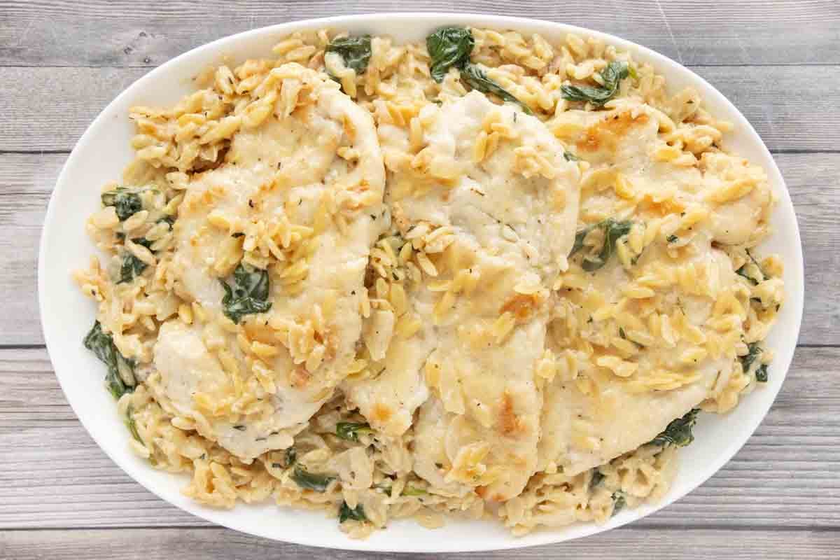 Lemon Chicken Orzo Pasta on a white platter.