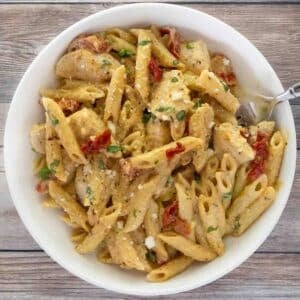 Marry me chicken pasta in a white bowl.