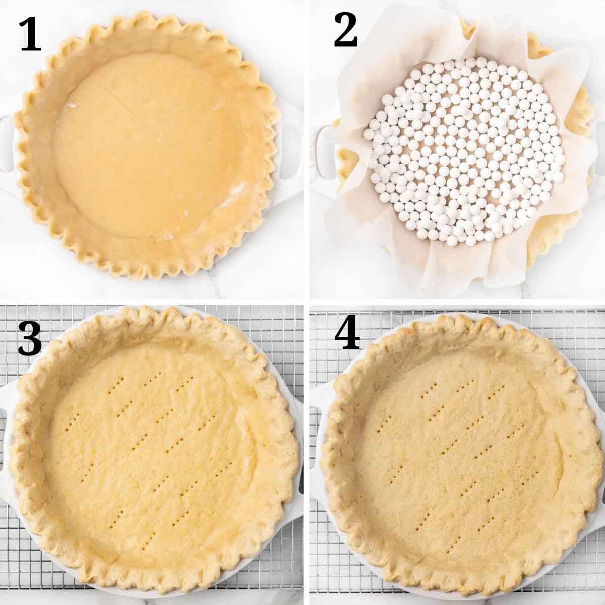 Collage showing how to use weights to bake the crust.