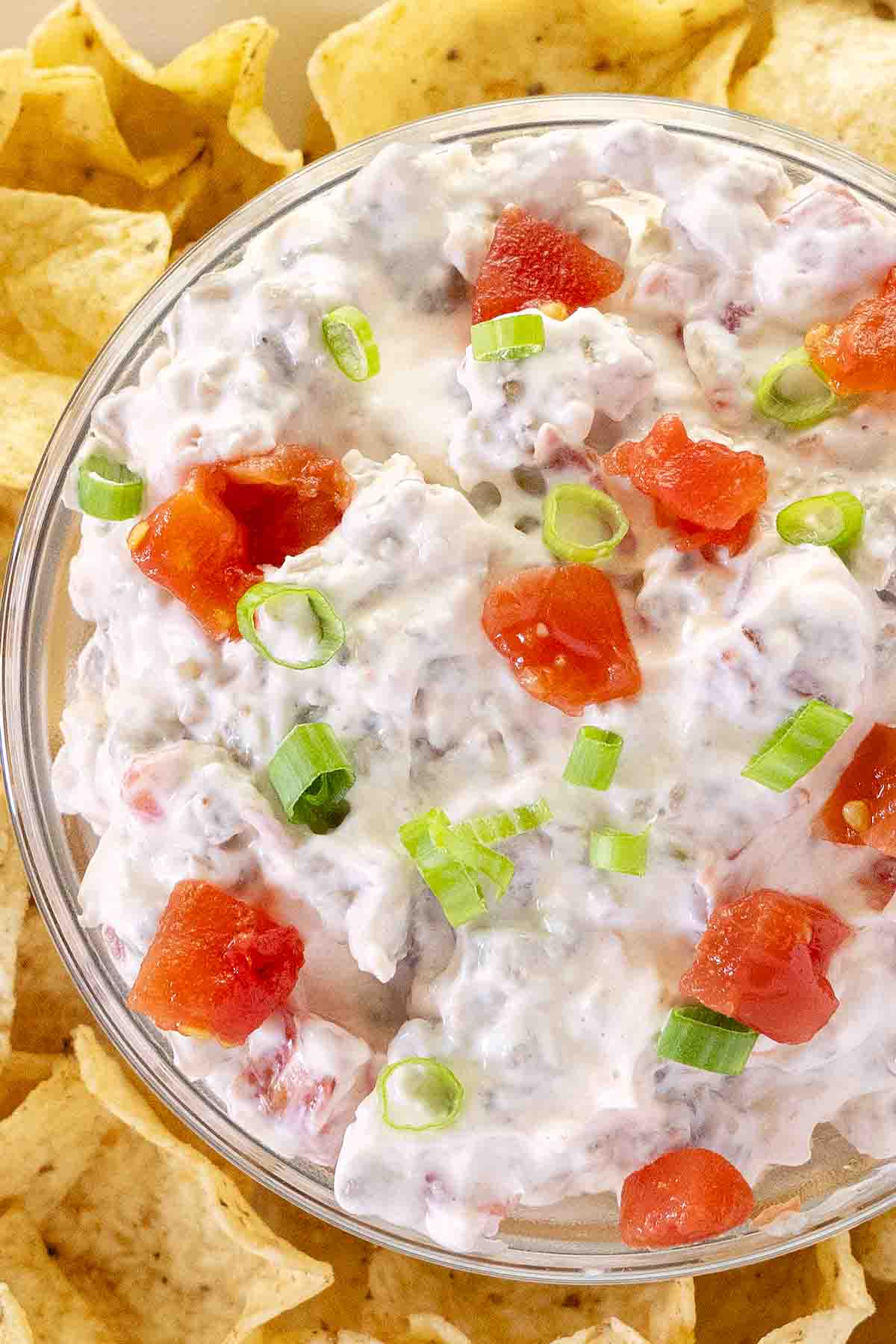 Rotel dip in a glass bowl on a platter with corn chips.