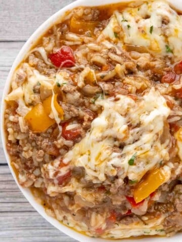 stuffed pepper casserole in a white bowl.