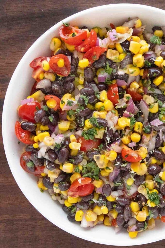 Black Bean and Corn Salsa Dip in a white bowl.