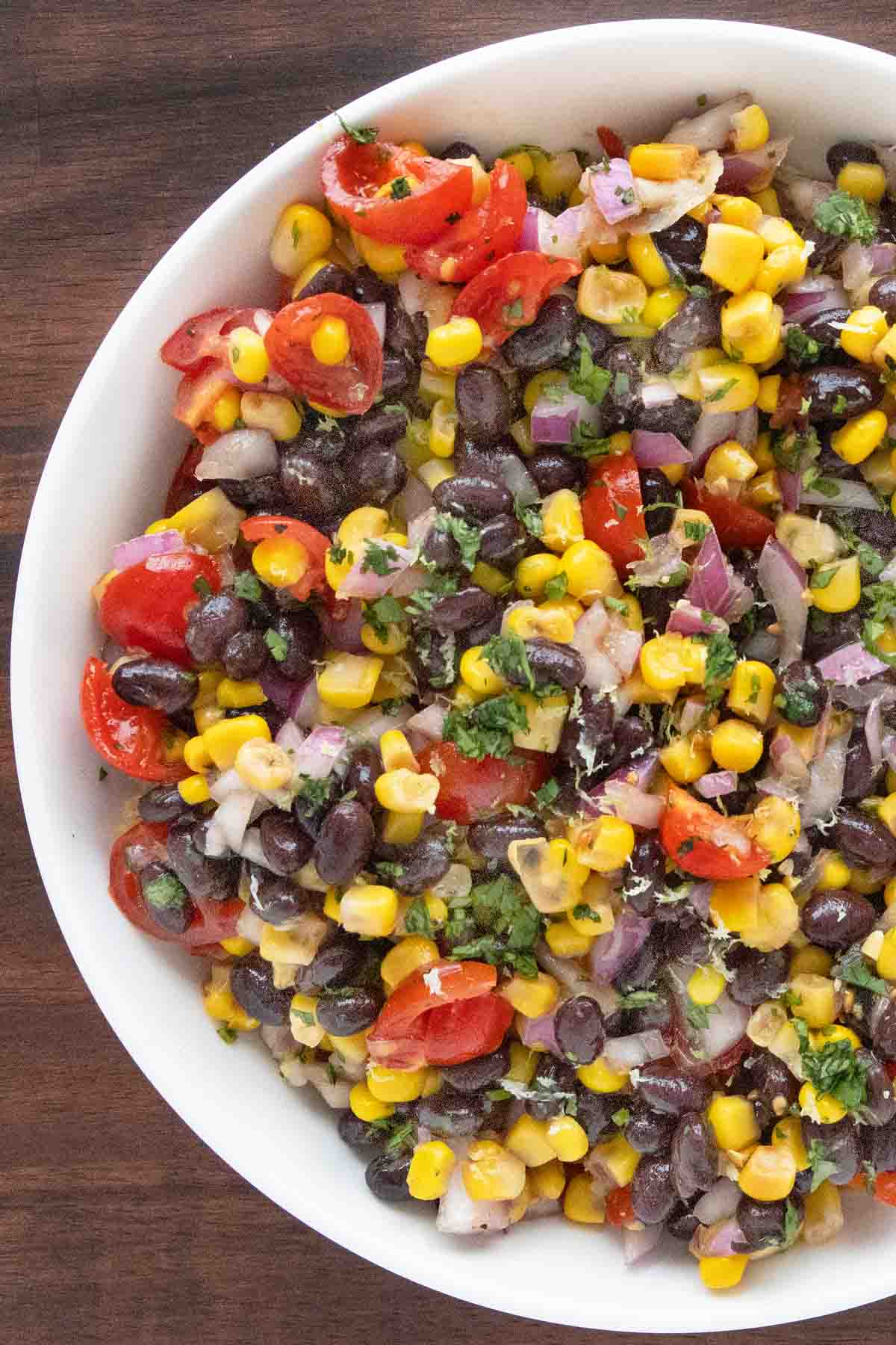 Black Bean and Corn Salsa Dip in a white bowl.