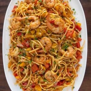 Cajun Shrimp Pasta on a white platter.