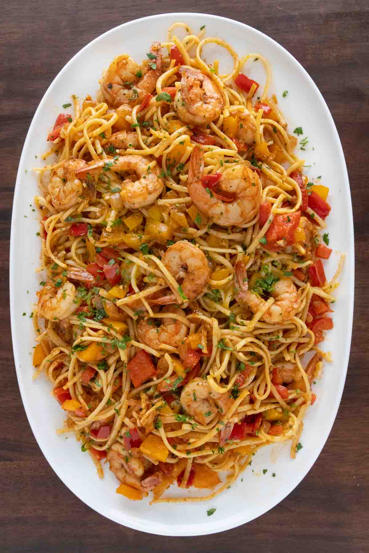 Cajun Shrimp Pasta on a white platter.