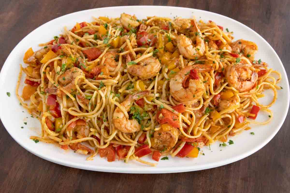 Cajun Shrimp Pasta on a white platter.