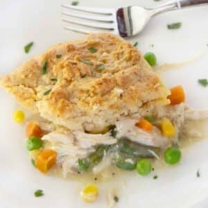 Chicken cobbler on a white plate with a fork.