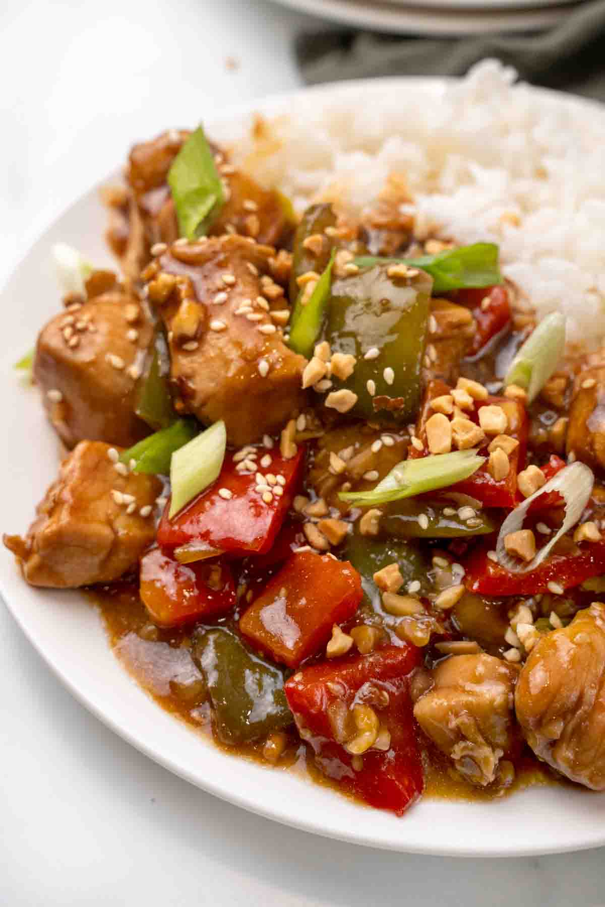 Kung pao chicken with rice on a white plate.