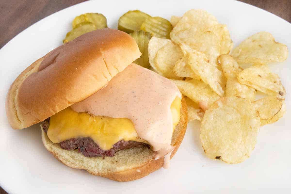 Bison burger with cheese and sauce on a white plate with chips.
