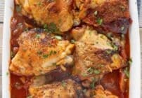 Pinterest image for braised chicken thighs.