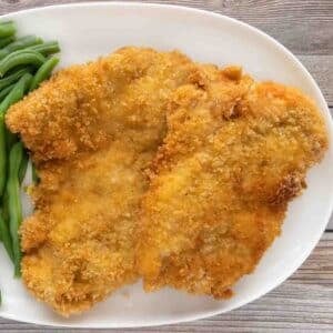 Panko Chicken on a white platter.