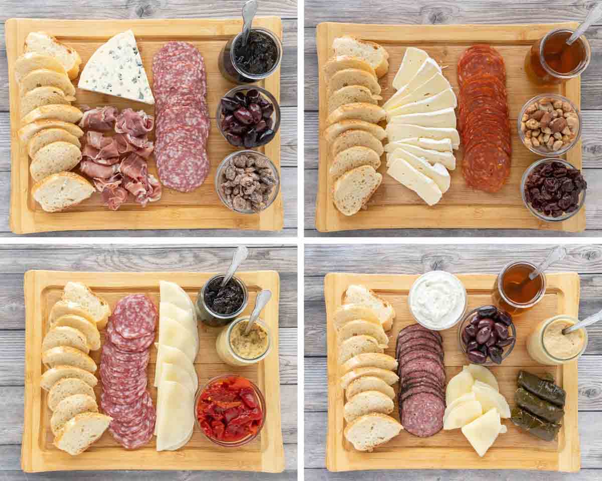 Collage of four variations of small charcuterie boards.