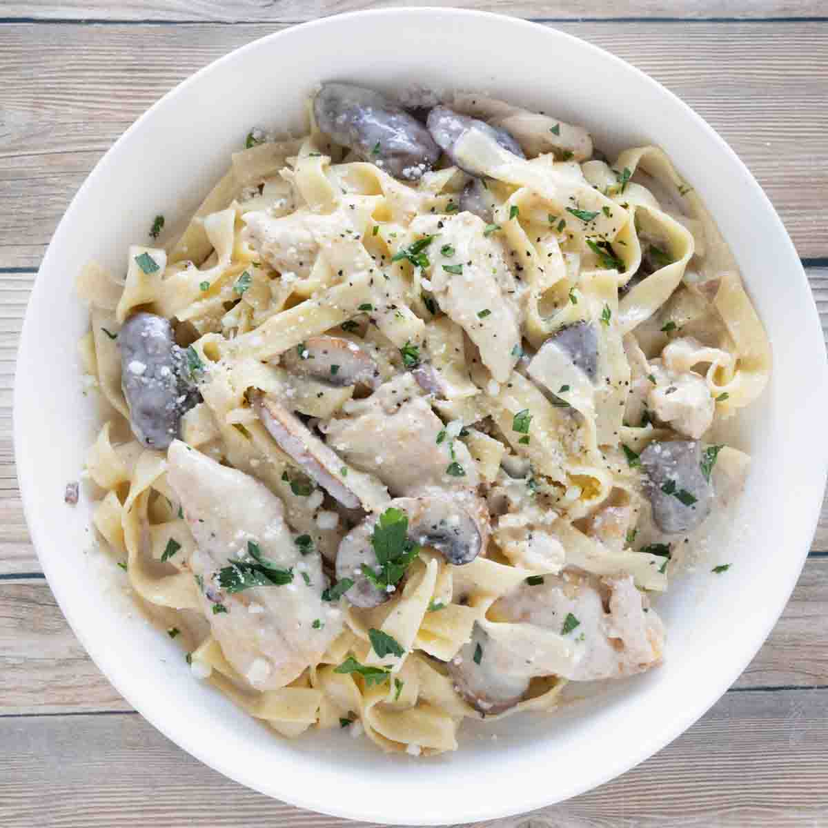 Chicken Alfredo in a white bowl.