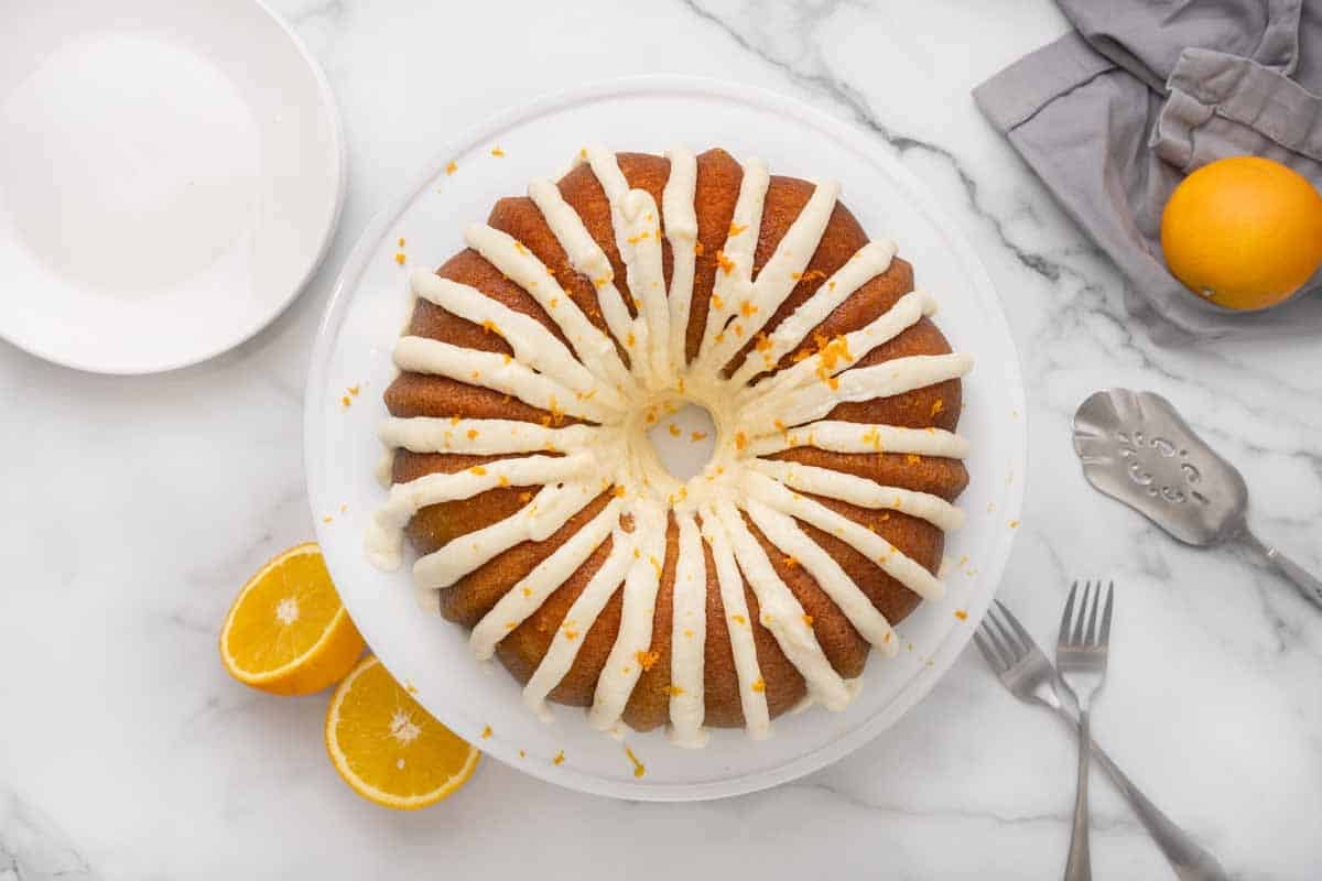 Overhead view of whole orange cake.