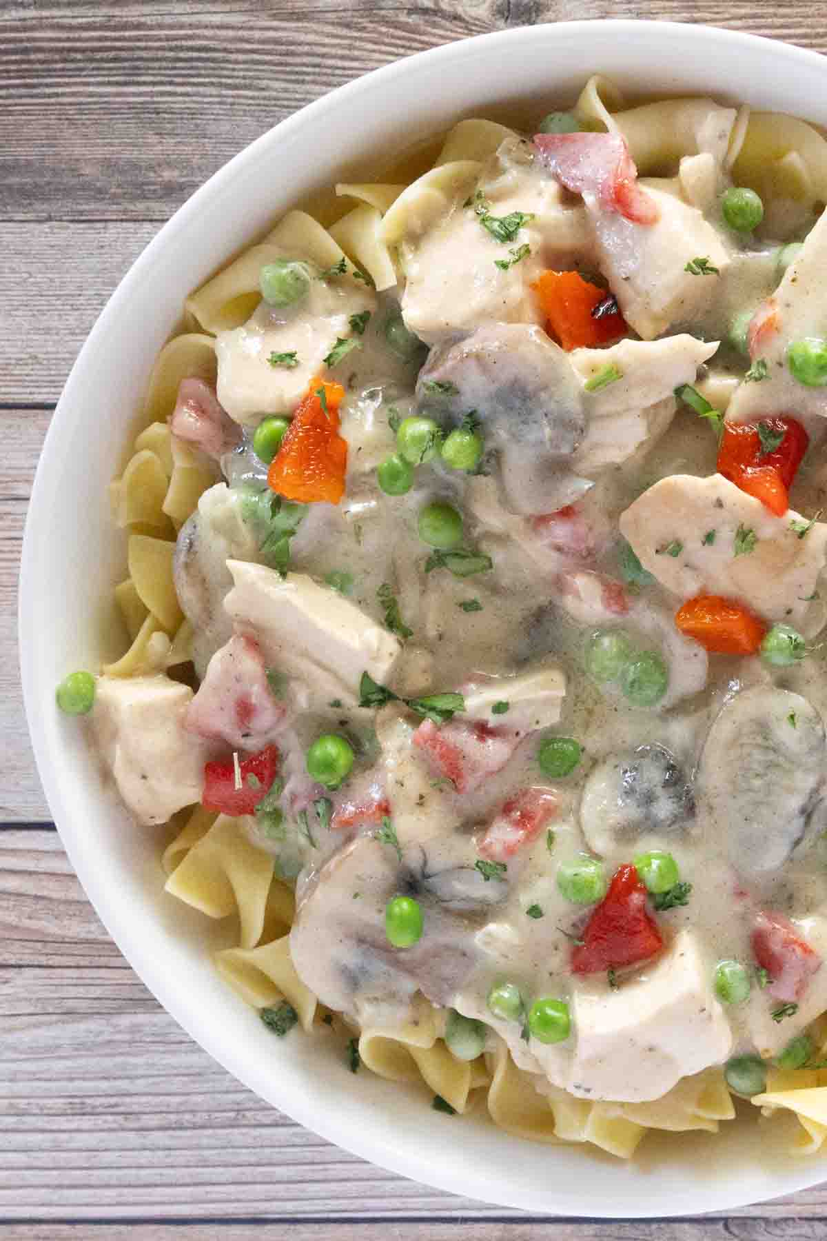 Chicken a la king over egg noodles in a white bowl.