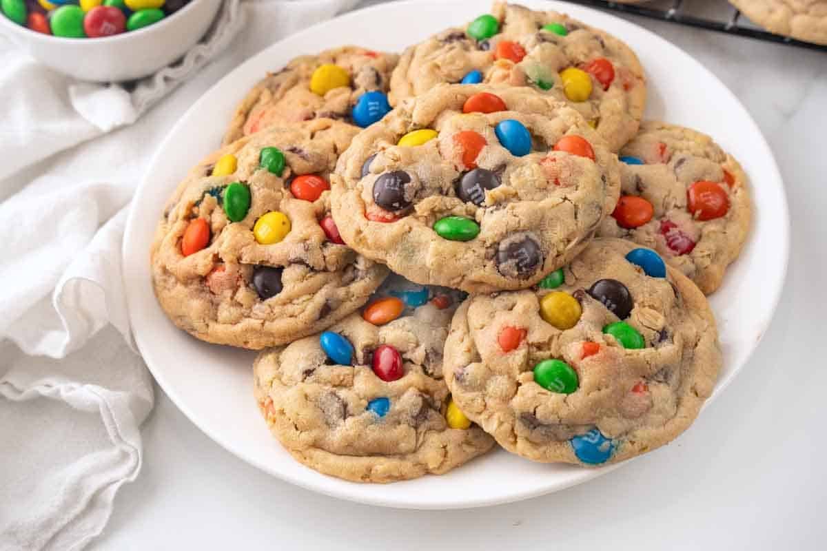 Monster cookies on a white plate.