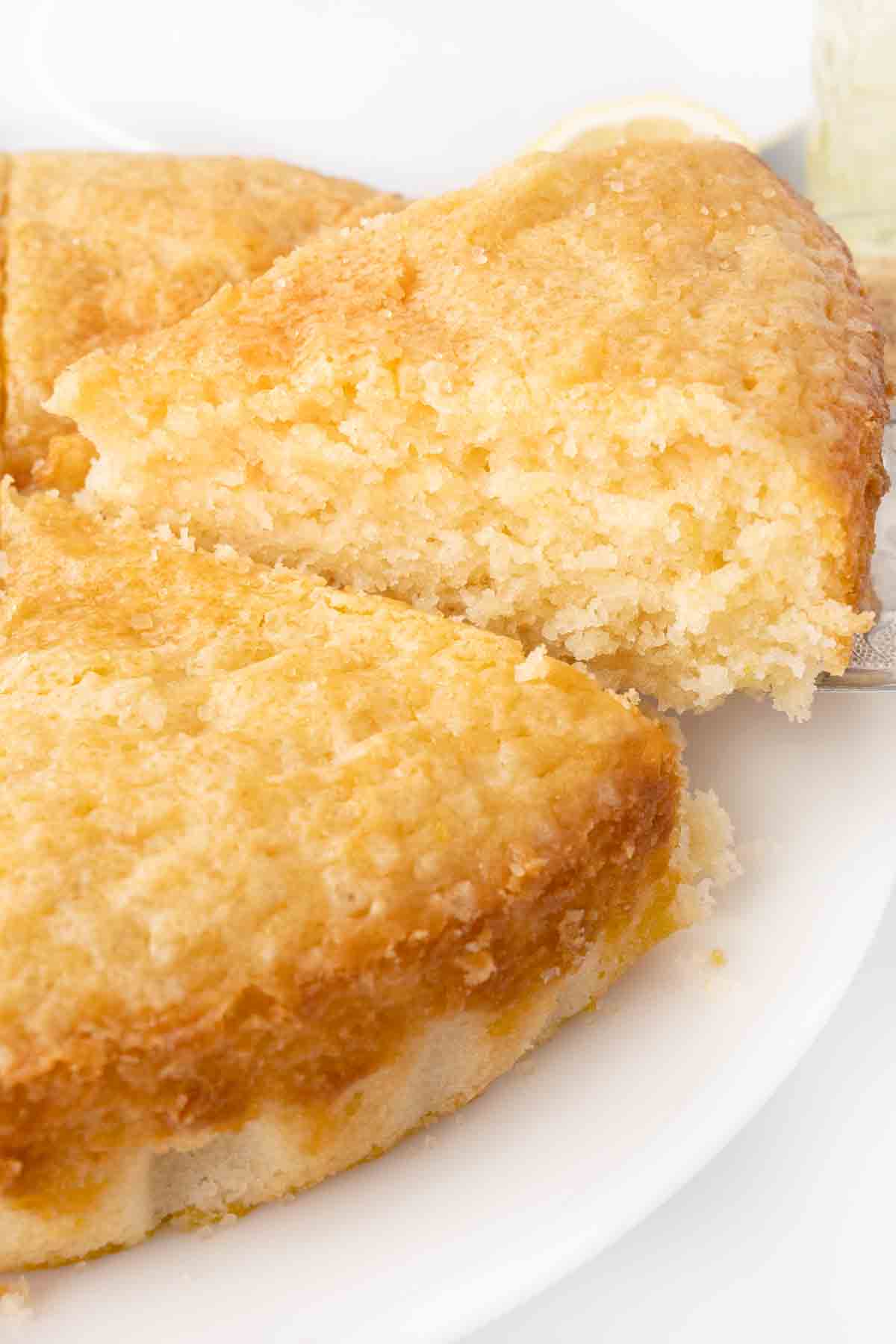 Slice of lemon olive oil cake being taken out of the whole cake, showing moist crumb and bright citrus texture.