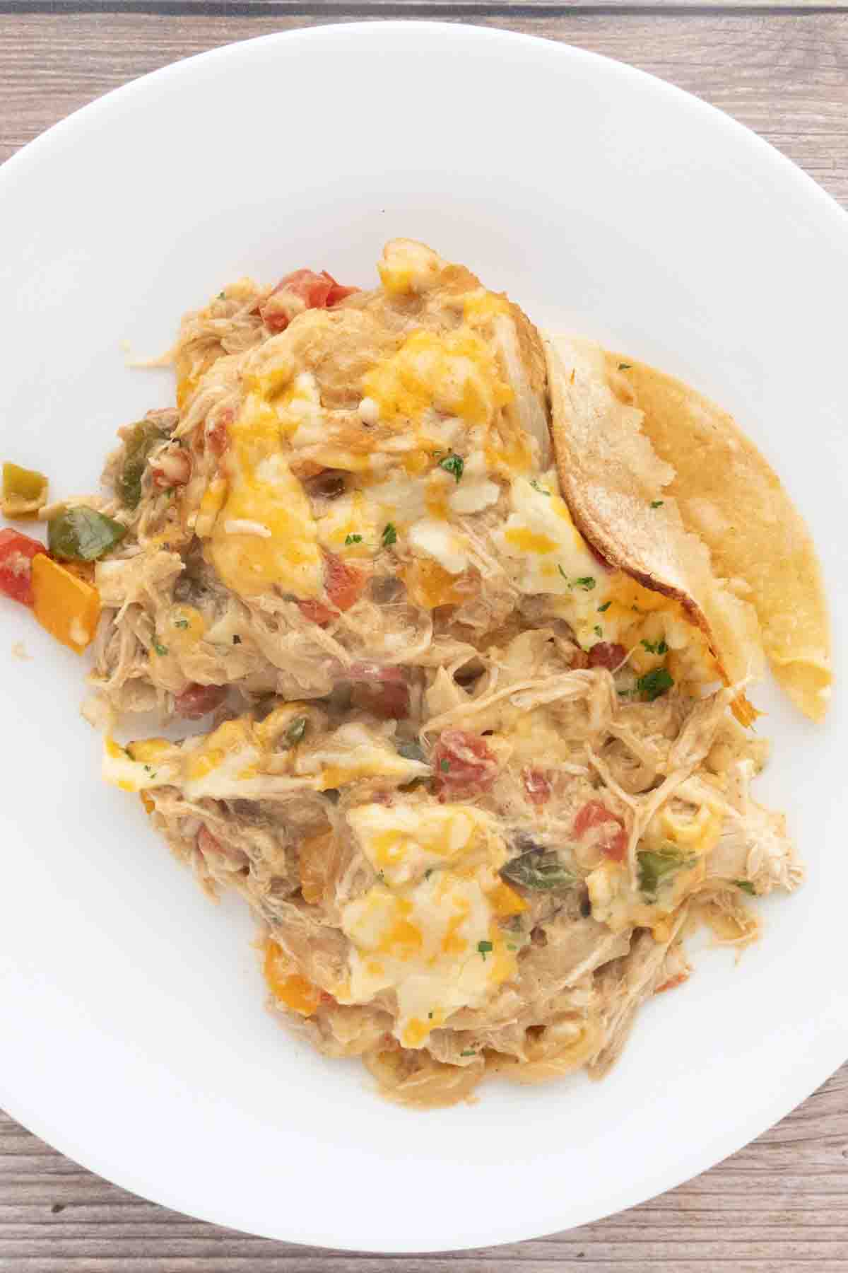 Portion of King Ranch Casserole on a white plate.